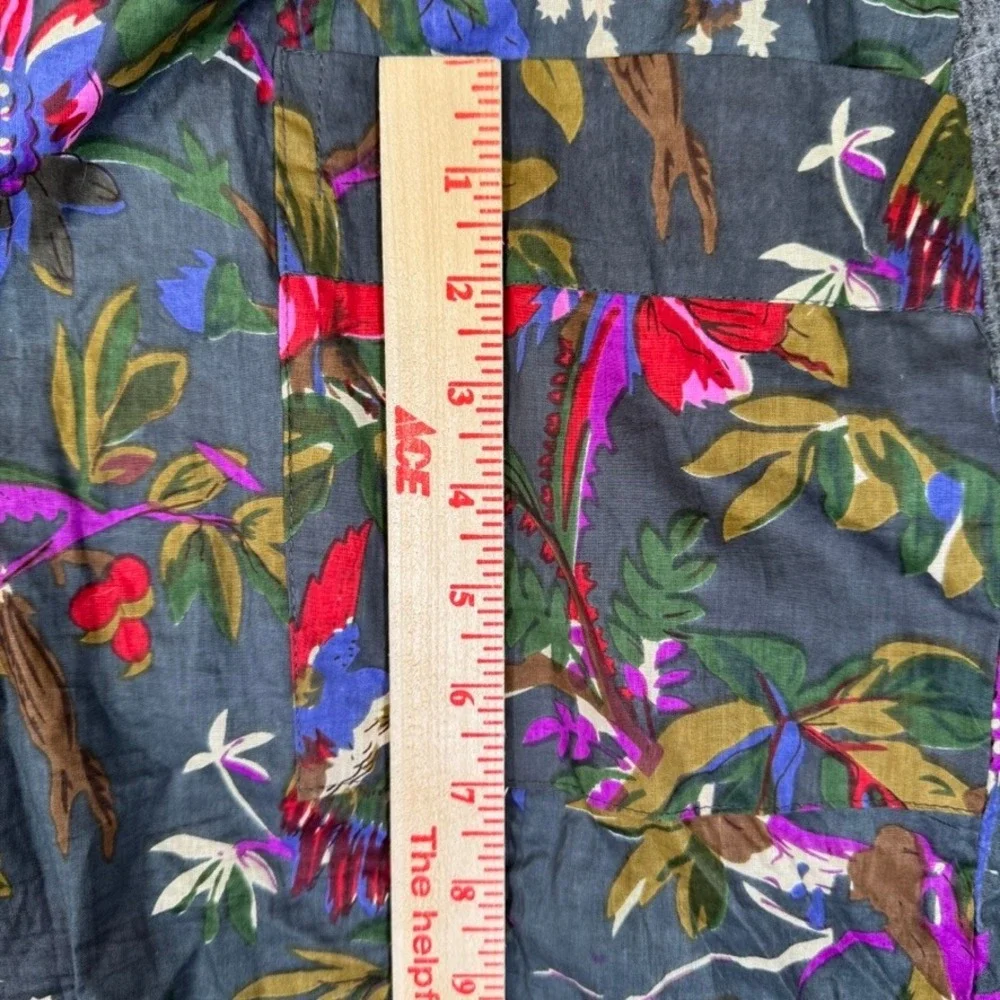 Sevya Handmade Floral Bird Print Cotton Robe Duster Gray Pink One Size Long